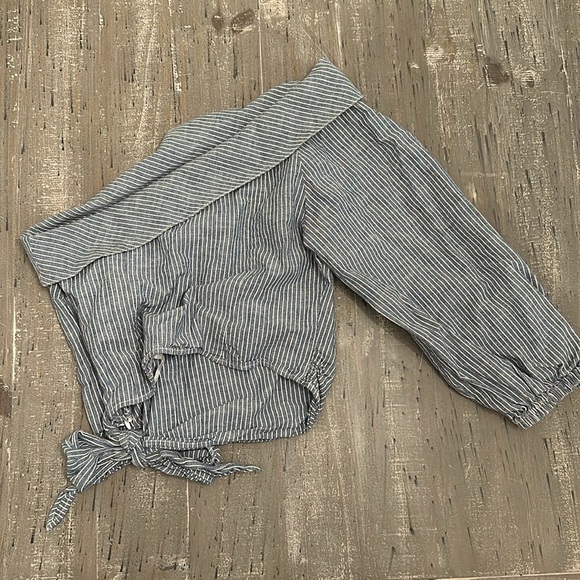 Free People Get Down Blue Striped One Shoulder Crop Top - Picture 7 of 8